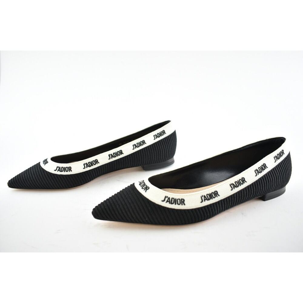 Dior J'adior Black White Ribbon Logo Embroidered Fabric Ballet Ballerina Flat 37 - Picture 10 of 12